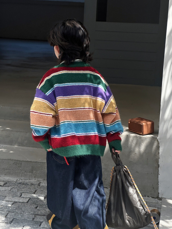 Cardigan tricotat pentru copii, stil coreean, cu dungi colorate, închidere dublă, guler rotund, mâneci lungi, unisex, pentru copii 3–8 ani