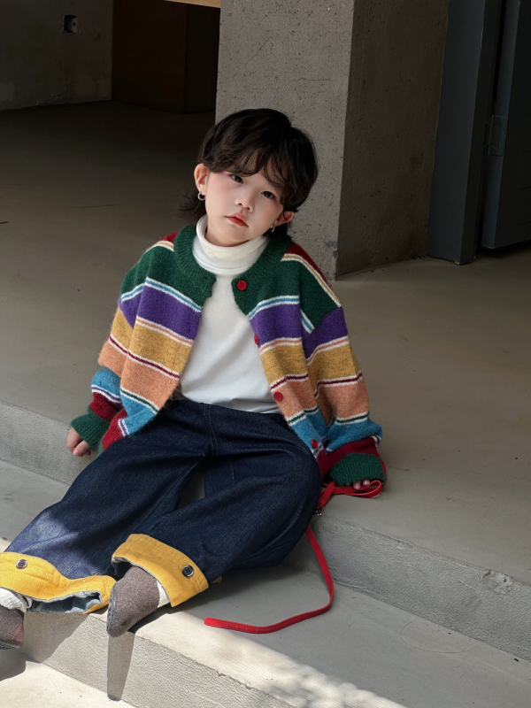 Cardigan tricotat pentru copii, stil coreean, cu dungi colorate, închidere dublă, guler rotund, mâneci lungi, unisex, pentru copii 3–8 ani