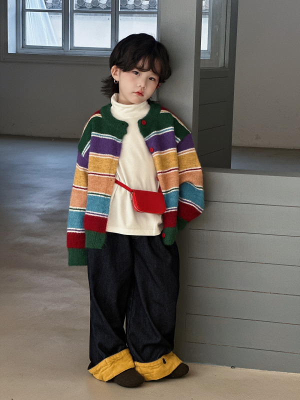 Cardigan tricotat pentru copii, stil coreean, cu dungi colorate, închidere dublă, guler rotund, mâneci lungi, unisex, pentru copii 3–8 ani
