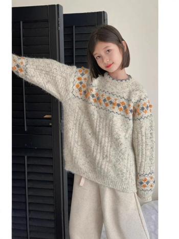 Pulover tricotat gros pentru fetițe - stil retro, inspirație coreeană, mâneci lungi, model desen animat, amestec poliester-cotton, potrivit pentru toamnă-iarna-primăvară (8+ ani)