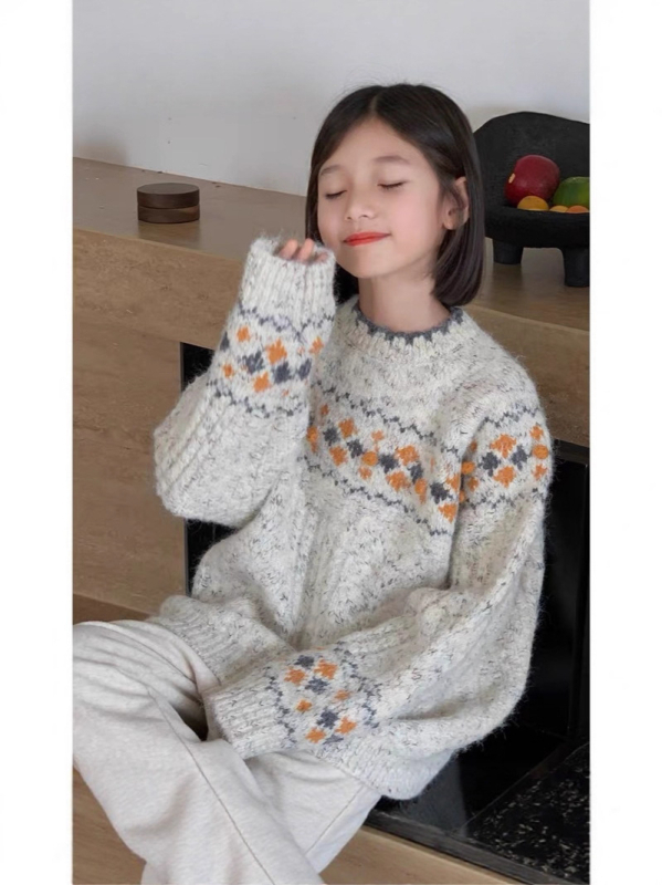 Pulover tricotat gros pentru fetițe - stil retro, inspirație coreeană, mâneci lungi, model desen animat, amestec poliester-cotton, potrivit pentru toamnă-iarna-primăvară (8+ ani)