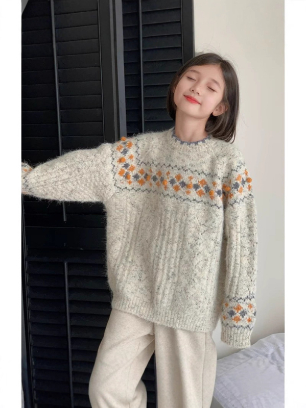 Pulover tricotat gros pentru fetițe - stil retro, inspirație coreeană, mâneci lungi, model desen animat, amestec poliester-cotton, potrivit pentru toamnă-iarna-primăvară (8+ ani)