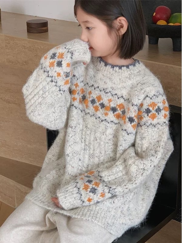 Pulover tricotat gros pentru fetițe - stil retro, inspirație coreeană, mâneci lungi, model desen animat, amestec poliester-cotton, potrivit pentru toamnă-iarna-primăvară (8+ ani)