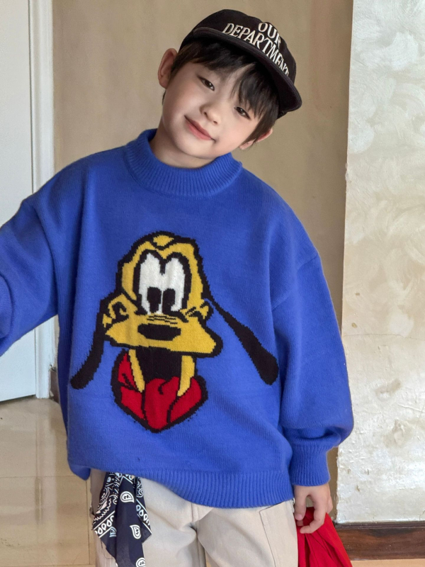 Pulover pentru copii cu model de câine desen animat, fibră acrilică, mâneci lungi, guler rotund, pentru copii 3–8 ani, iarnă-toamnă primăvară