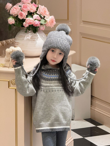 Pulover tricotat cu glugă pentru fete, model abstract, țesut tricotat, 50% bumbac, iarnă 2025, potrivit pentru fetițe de peste 8 ani (peste 140 cm)