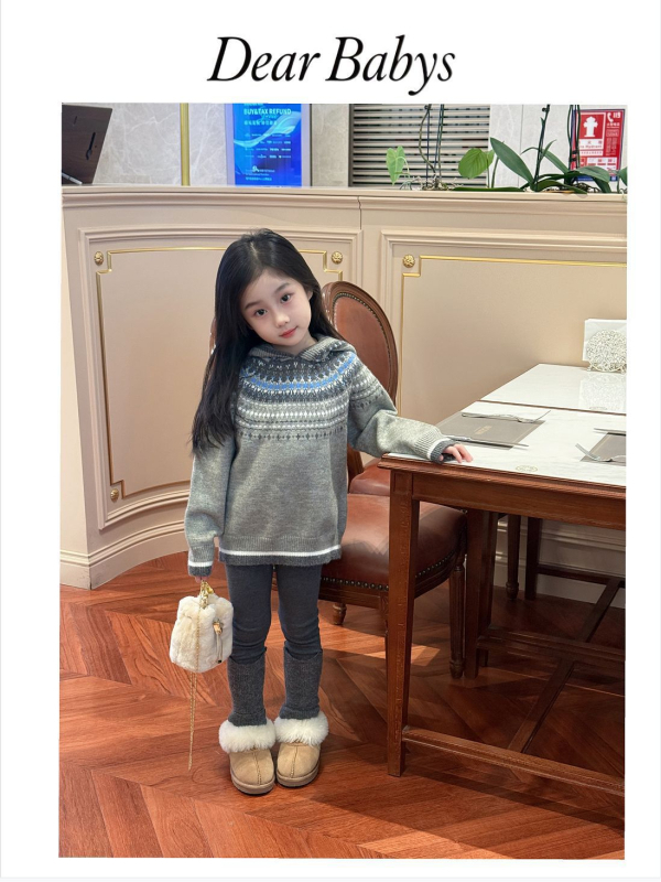 Pulover tricotat cu glugă pentru fete, model abstract, țesut tricotat, 50% bumbac, iarnă 2025, potrivit pentru fetițe de peste 8 ani (peste 140 cm)