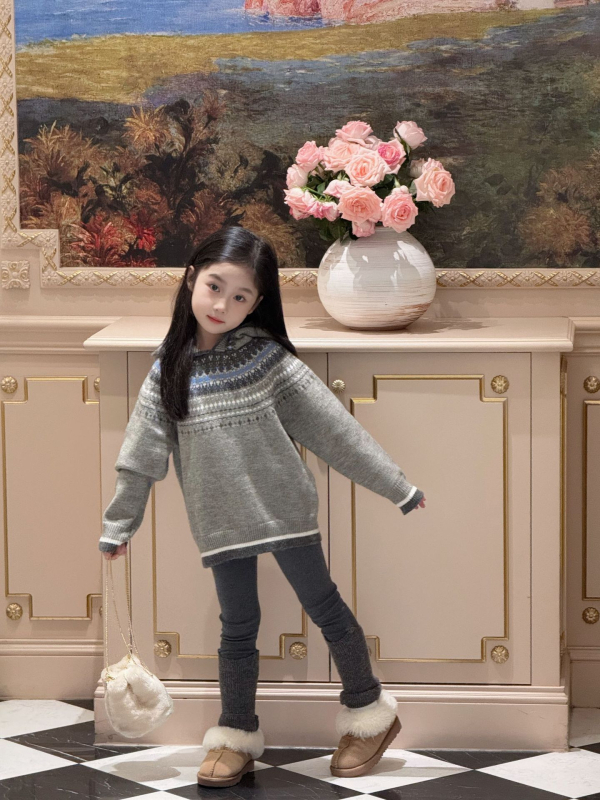 Pulover tricotat cu glugă pentru fete, model abstract, țesut tricotat, 50% bumbac, iarnă 2025, potrivit pentru fetițe de peste 8 ani (peste 140 cm)