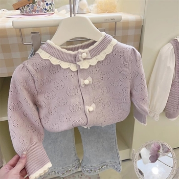 Lányoknak szóló kötött kardigán, hosszú ujjú, egysoros gombolás, 42% akril, puha tapintású, koreai stílus, ősz 2024