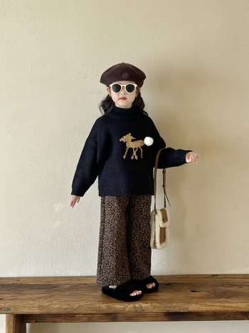 Set pentru copii: pulover în stil coreean cu imprimeu cu căprioară și pantaloni leopard, căptuți fleece