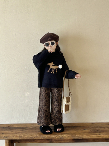 Set pentru copii: pulover în stil coreean cu imprimeu cu căprioară și pantaloni leopard, căptuți fleece