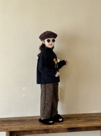 Set pentru copii: pulover în stil coreean cu imprimeu cu căprioară și pantaloni leopard, căptuți fleece