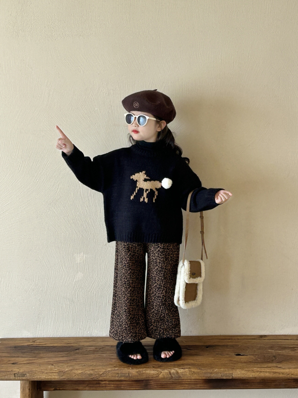 Set pentru copii: pulover în stil coreean cu imprimeu cu căprioară și pantaloni leopard, căptuți fleece