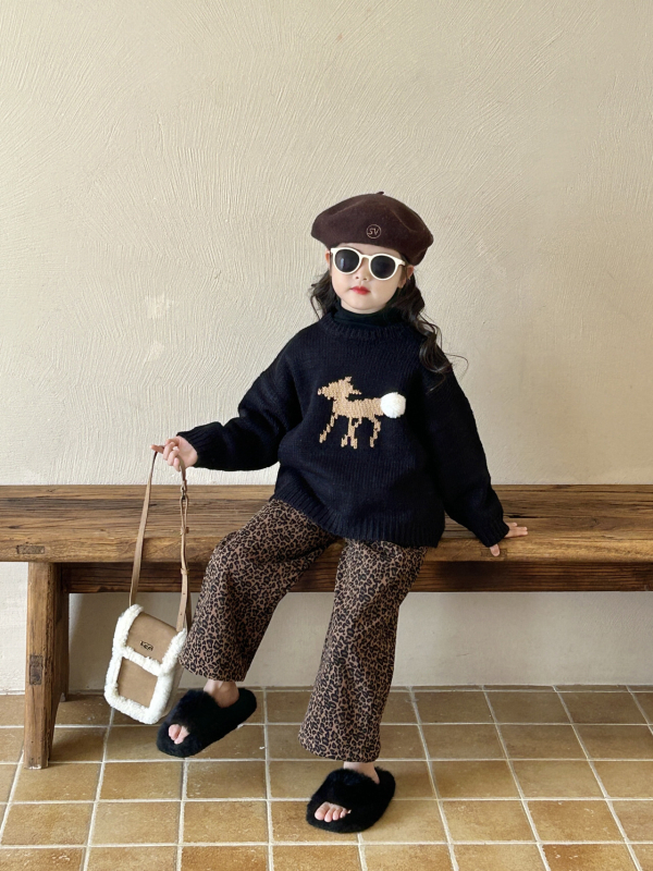 Set pentru copii: pulover în stil coreean cu imprimeu cu căprioară și pantaloni leopard, căptuți fleece