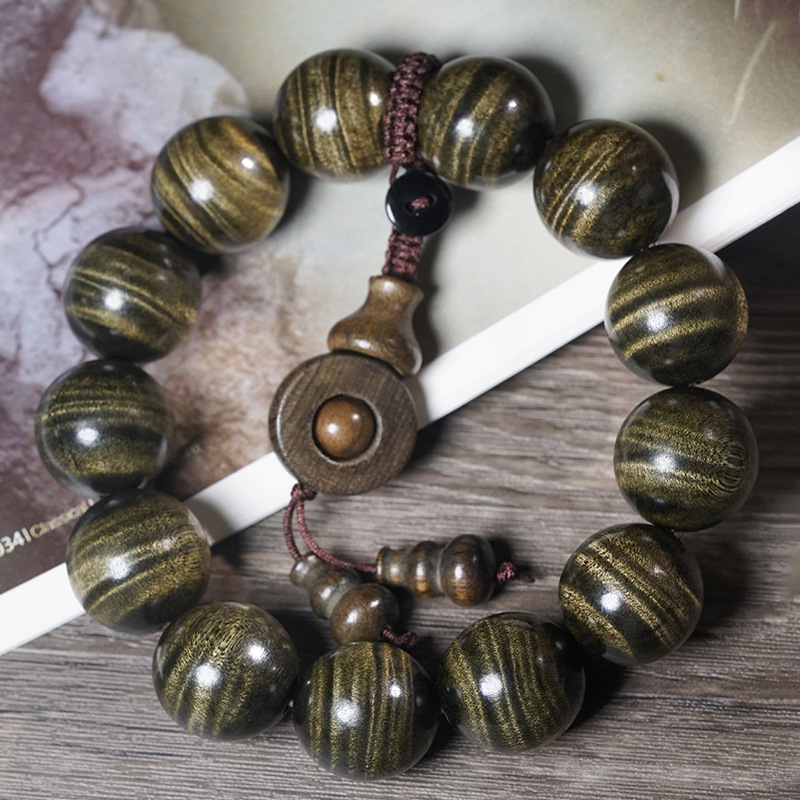 Brățară Buddha din lemn Nanmu, mărgele, model valuri de apă, finisaj lustruit, stil lux