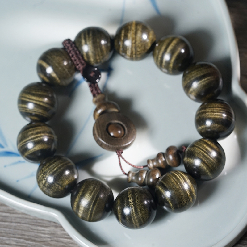 Brățară Buddha din lemn Nanmu, mărgele, model valuri de apă, finisaj lustruit, stil lux