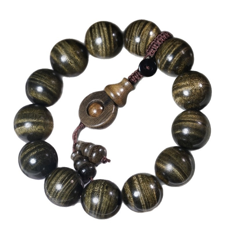 Brățară Buddha din lemn Nanmu, mărgele, model valuri de apă, finisaj lustruit, stil lux