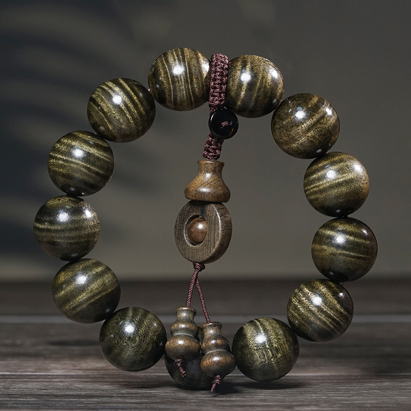 Brățară Buddha din lemn Nanmu, mărgele, model valuri de apă, finisaj lustruit, stil lux