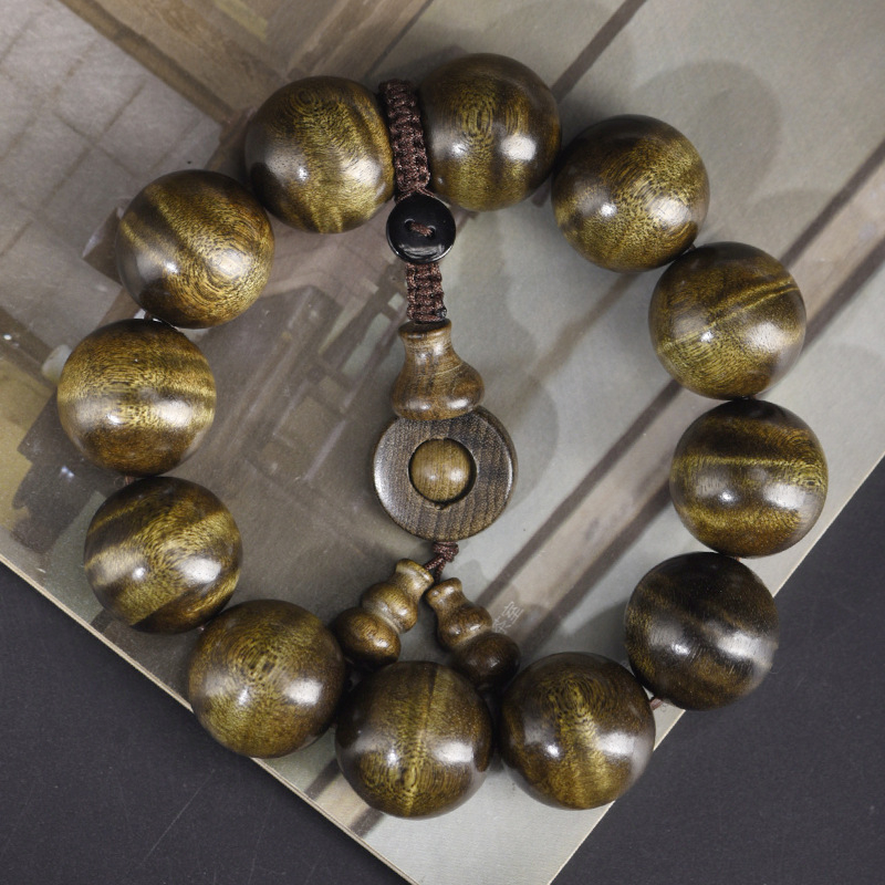 Brățară Buddha din lemn Nanmu, mărgele, model valuri de apă, finisaj lustruit, stil lux