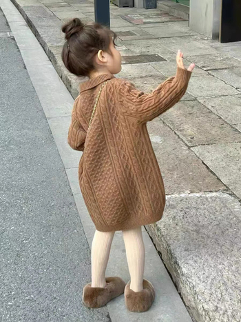 Rochie tricotată pentru fetițe, stil coreean, mâneci lungi, guler pătrat, pentru 3–8 ani