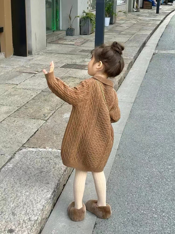 Rochie tricotată pentru fetițe, stil coreean, mâneci lungi, guler pătrat, pentru 3–8 ani