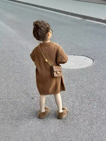 Rochie tricotată pentru fetițe, stil coreean, mâneci lungi, guler pătrat, pentru 3–8 ani