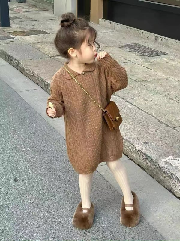 Rochie tricotată pentru fetițe, stil coreean, mâneci lungi, guler pătrat, pentru 3–8 ani