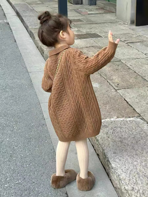 Rochie tricotată pentru fetițe, stil coreean, mâneci lungi, guler pătrat, pentru 3–8 ani