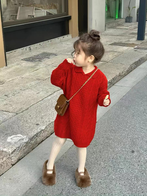 Rochie tricotată pentru fetițe, stil coreean, mâneci lungi, guler pătrat, pentru 3–8 ani