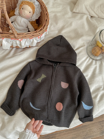 Cardigan cu fermoar și glugă pentru copii, stil coreean, unisex, material Andy velvet, 51% acrilic, pentru vârsta 3–8 ani, potrivit pentru toamnă, iarnă și primăvară