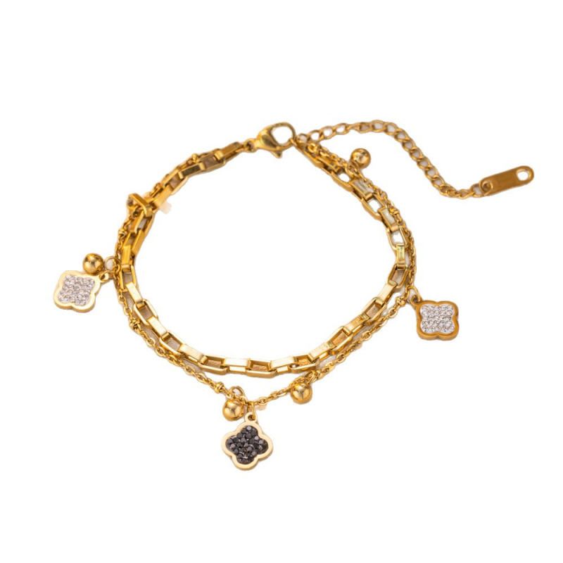 Brățară din oțel titan cu diamante complete și motiv trifoi cu patru foi – accesoriu feminin, stil lux lejer, design Floare, cod C291