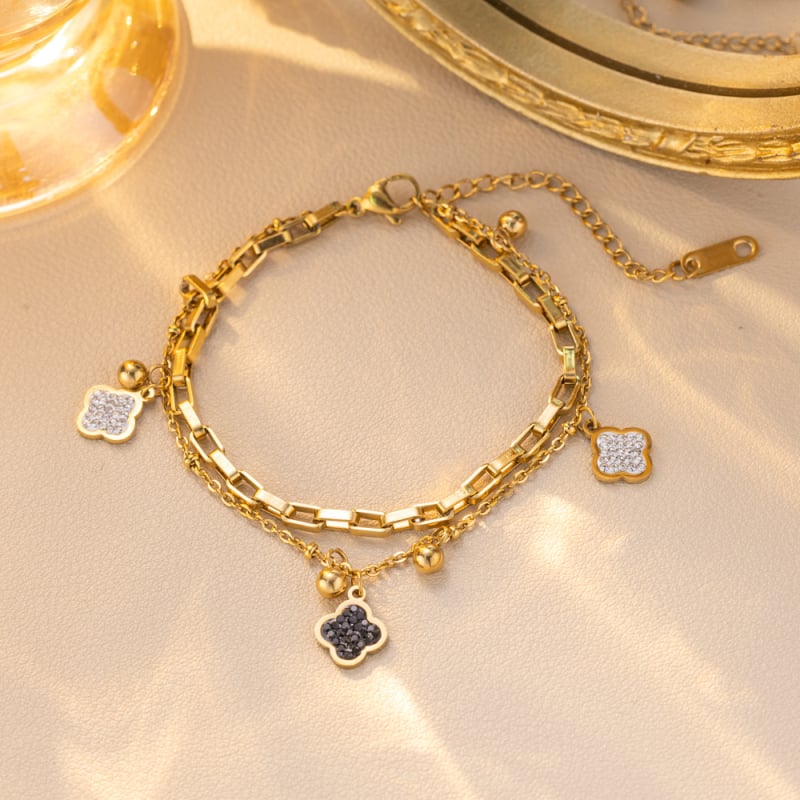 Brățară din oțel titan cu diamante complete și motiv trifoi cu patru foi – accesoriu feminin, stil lux lejer, design Floare, cod C291