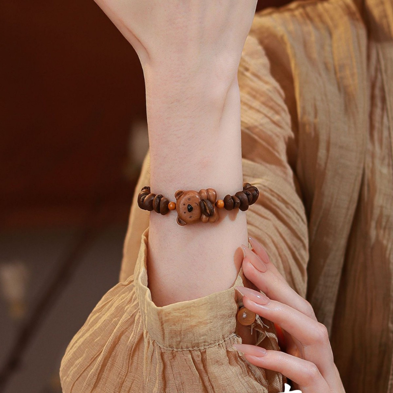 Brățară din mărgele de lemn de cafea - în formă de urs, handmade, design drăguț, unisex