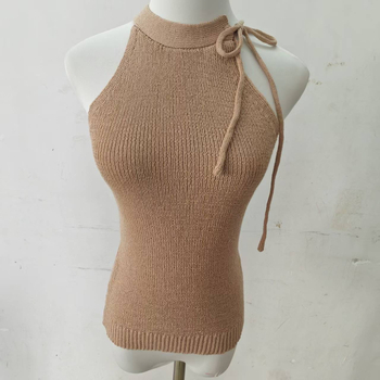 Top camisole cu gât halter, tricotat, fără mâneci, croială slim (Material: fibră acrilică; Lungime: 50–65 cm; Primăvara 2025; Stil urban)