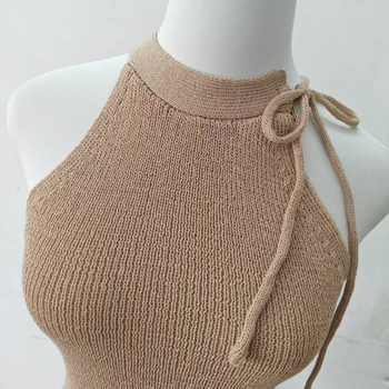 Top camisole cu gât halter, tricotat, fără mâneci, croială slim (Material: fibră acrilică; Lungime: 50–65 cm; Primăvara 2025; Stil urban)