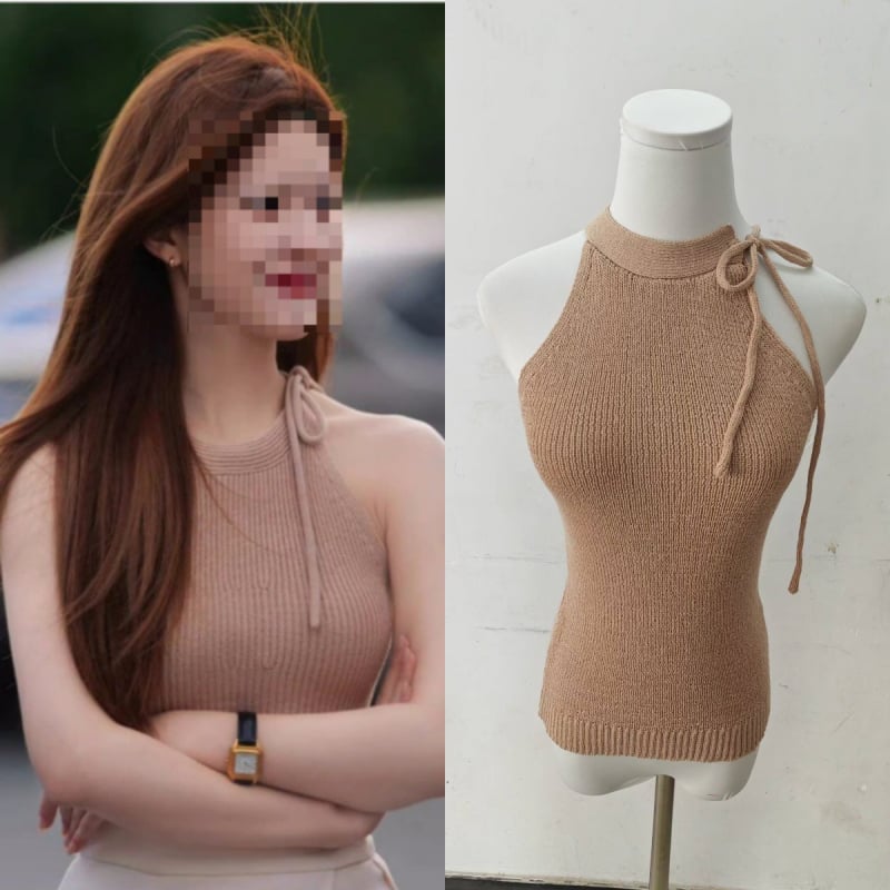 Top camisole cu gât halter, tricotat, fără mâneci, croială slim (Material: fibră acrilică; Lungime: 50–65 cm; Primăvara 2025; Stil urban)