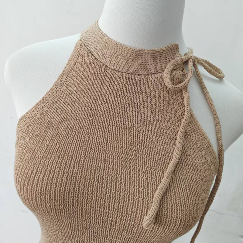 Top camisole cu gât halter, tricotat, fără mâneci, croială slim (Material: fibră acrilică; Lungime: 50–65 cm; Primăvara 2025; Stil urban)