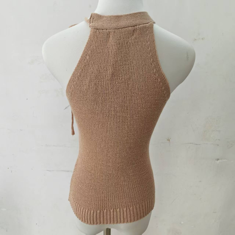Top camisole cu gât halter, tricotat, fără mâneci, croială slim (Material: fibră acrilică; Lungime: 50–65 cm; Primăvara 2025; Stil urban)