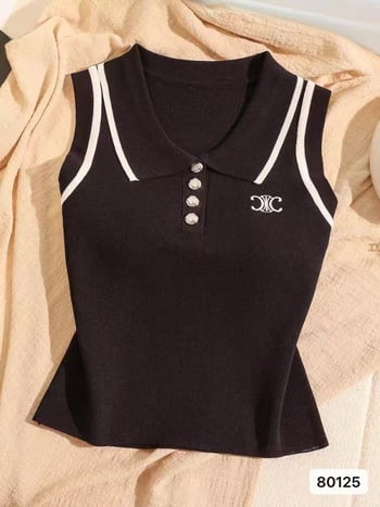 Top din tricot fără mâneci, cu guler polo în stil francez, croială Slim, lungime 50–65 cm, material din fibră de viscose 70–80%, vară 2025