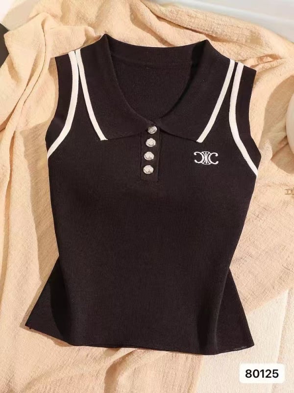 Top din tricot fără mâneci, cu guler polo în stil francez, croială Slim, lungime 50–65 cm, material din fibră de viscose 70–80%, vară 2025