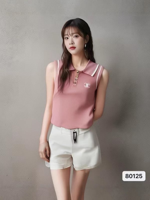 Top din tricot fără mâneci, cu guler polo în stil francez, croială Slim, lungime 50–65 cm, material din fibră de viscose 70–80%, vară 2025