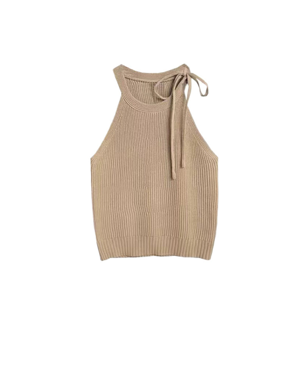 Πλεκτό γυναικείο camisole χωρίς μανίκια με halter λαιμό, στενή γραμμή, από μαλλί-μίγμα με σπάντεξ