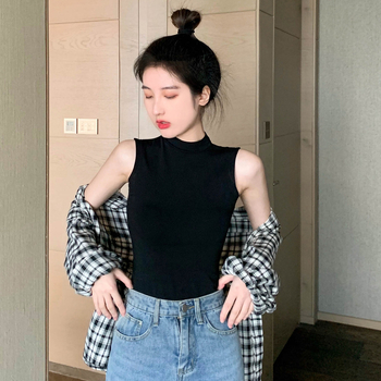 Дамски памучен безръкав потник с висока яка, Slim версия, едноцветен модел, памук над 95%