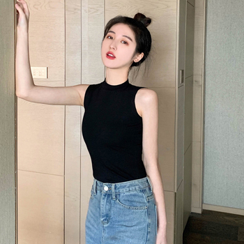 Дамски памучен безръкав потник с висока яка, Slim версия, едноцветен модел, памук над 95%