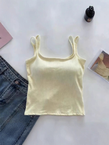 Ženski top s dvostrukim naramenicama i jastučićem za prsa — ljetni gornji dio, jednostavan i svestran; pamuk 95%+, poliester 90–95%, visoka elastičnost, ultra kratka duljina