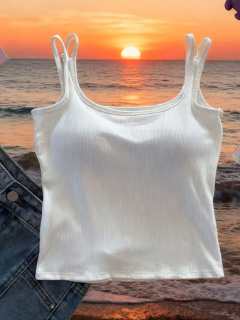 Ženski top s dvostrukim naramenicama i jastučićem za prsa — ljetni gornji dio, jednostavan i svestran; pamuk 95%+, poliester 90–95%, visoka elastičnost, ultra kratka duljina