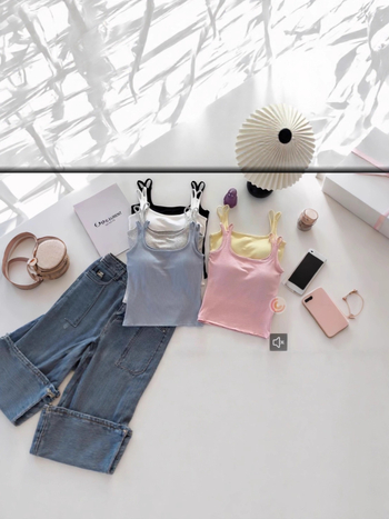 Ženski top s dvostrukim naramenicama i jastučićem za prsa — ljetni gornji dio, jednostavan i svestran; pamuk 95%+, poliester 90–95%, visoka elastičnost, ultra kratka duljina