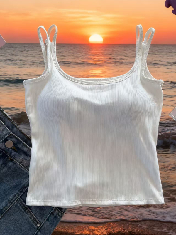 Ženski top s dvostrukim naramenicama i jastučićem za prsa — ljetni gornji dio, jednostavan i svestran; pamuk 95%+, poliester 90–95%, visoka elastičnost, ultra kratka duljina