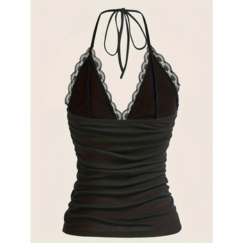 Camisolă din dantelă plisată, bretele detașabile, wrap în față, talie înaltă, 95% acril