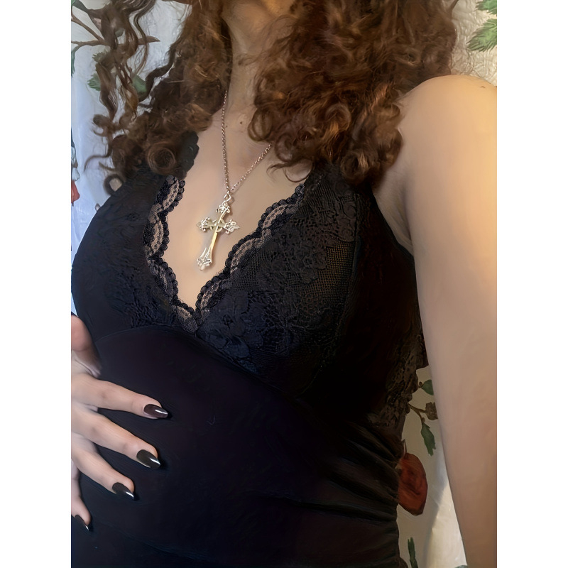 Camisolă din dantelă plisată, bretele detașabile, wrap în față, talie înaltă, 95% acril