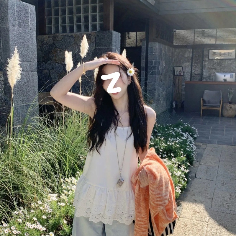 Top camisole cu decolteu în formă de U și dantelă la tiv, croială lejeră, lungime medie, pentru femei, stil retro-literar.